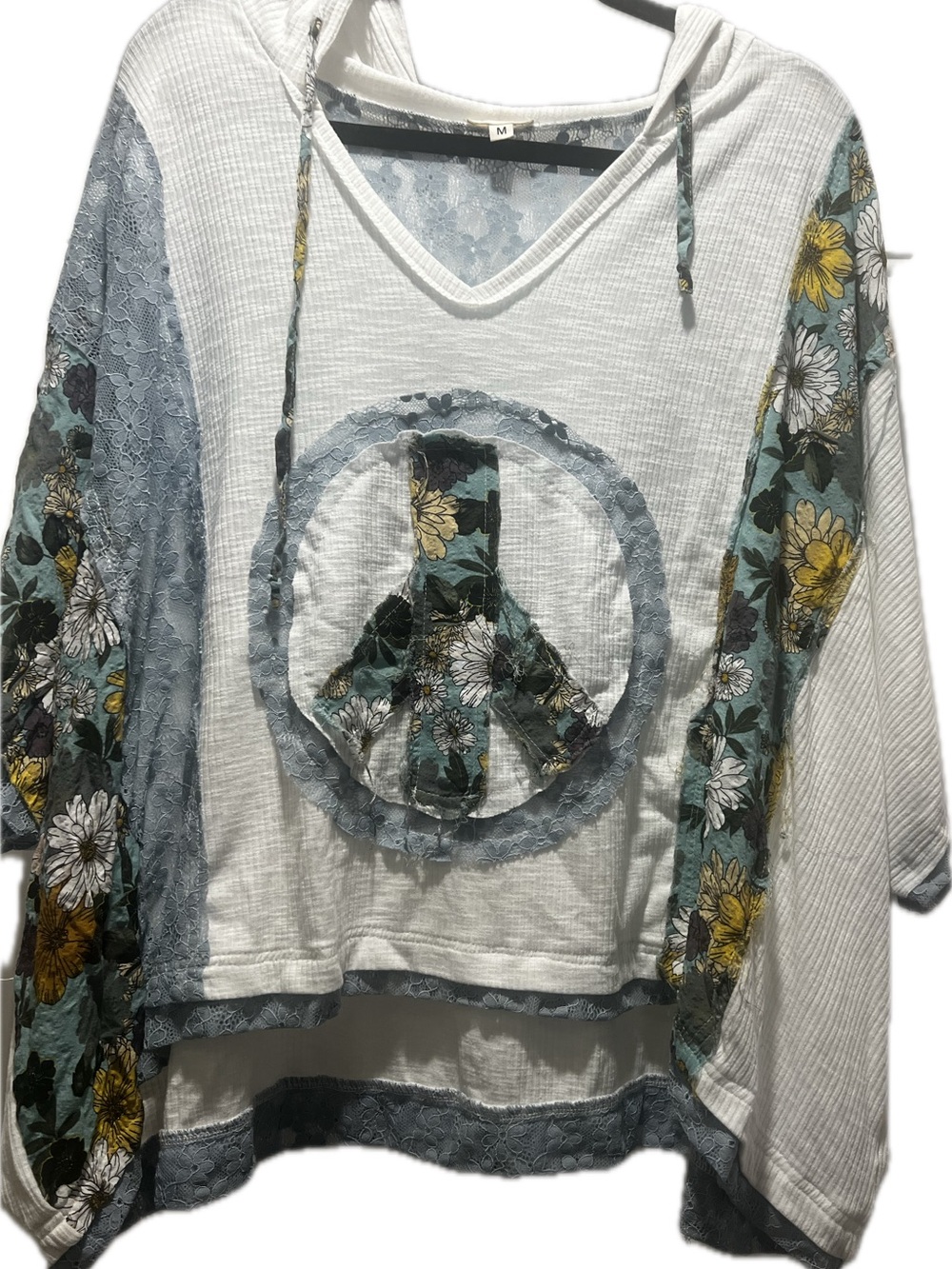 POL White Hoodie Top with Teal Floral Peace Sign and Yellow Accents